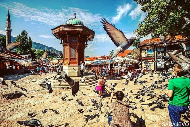 Sebilj fountain and pigeons on Baščaršija square, Sarajevo Old Town