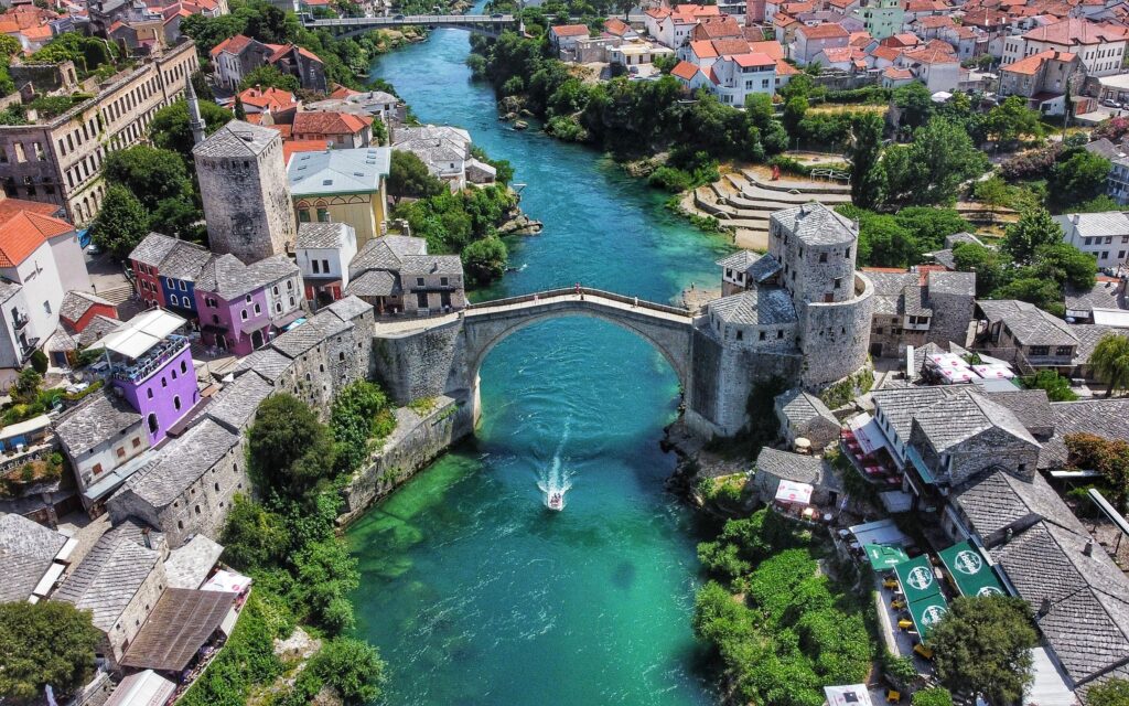 Aerial view of the Mostar Old Bridge over the Neretva River